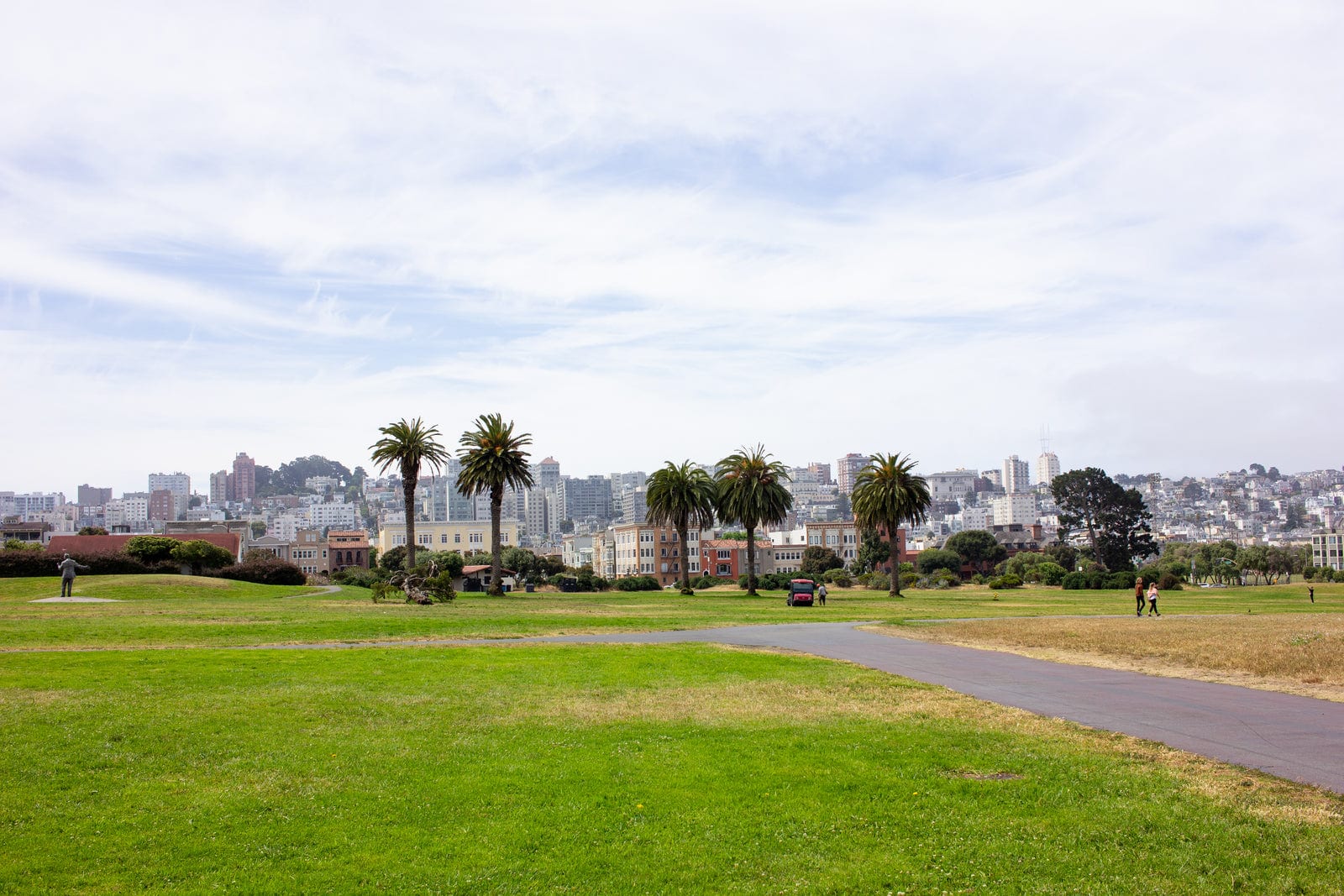 Golf course fairway with a city skyline in the background