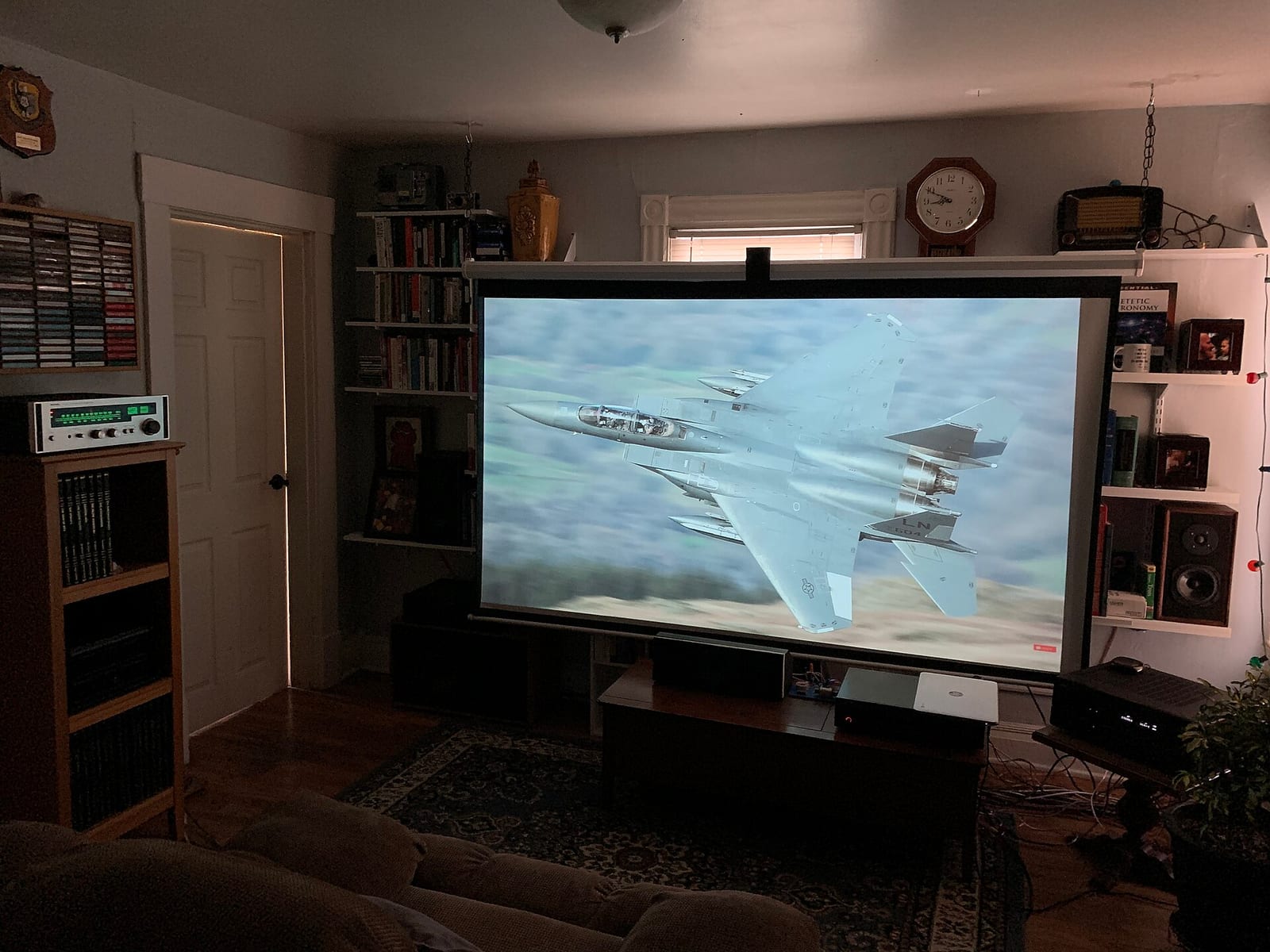 A dedicated home library and theater room with a projector screen