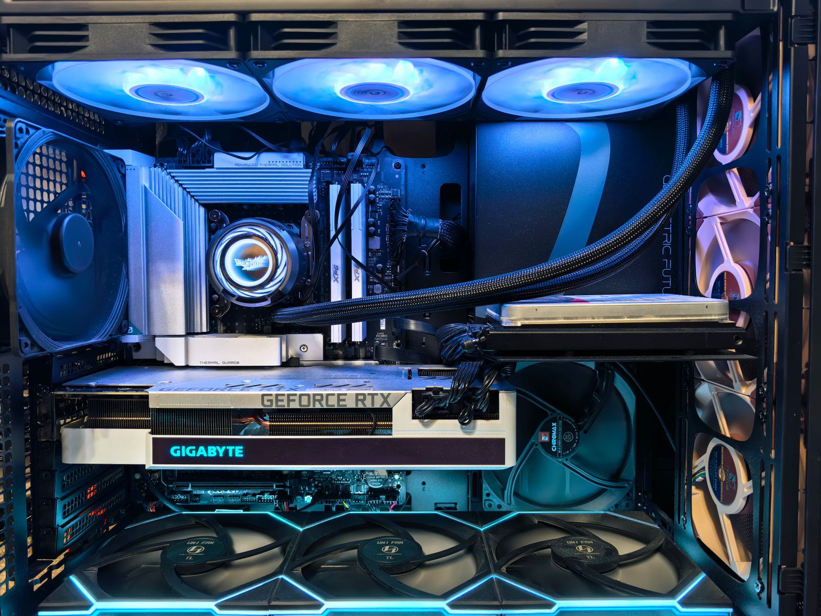 A high-performance gaming PC build with a GeForce RTX-series graphics card installed