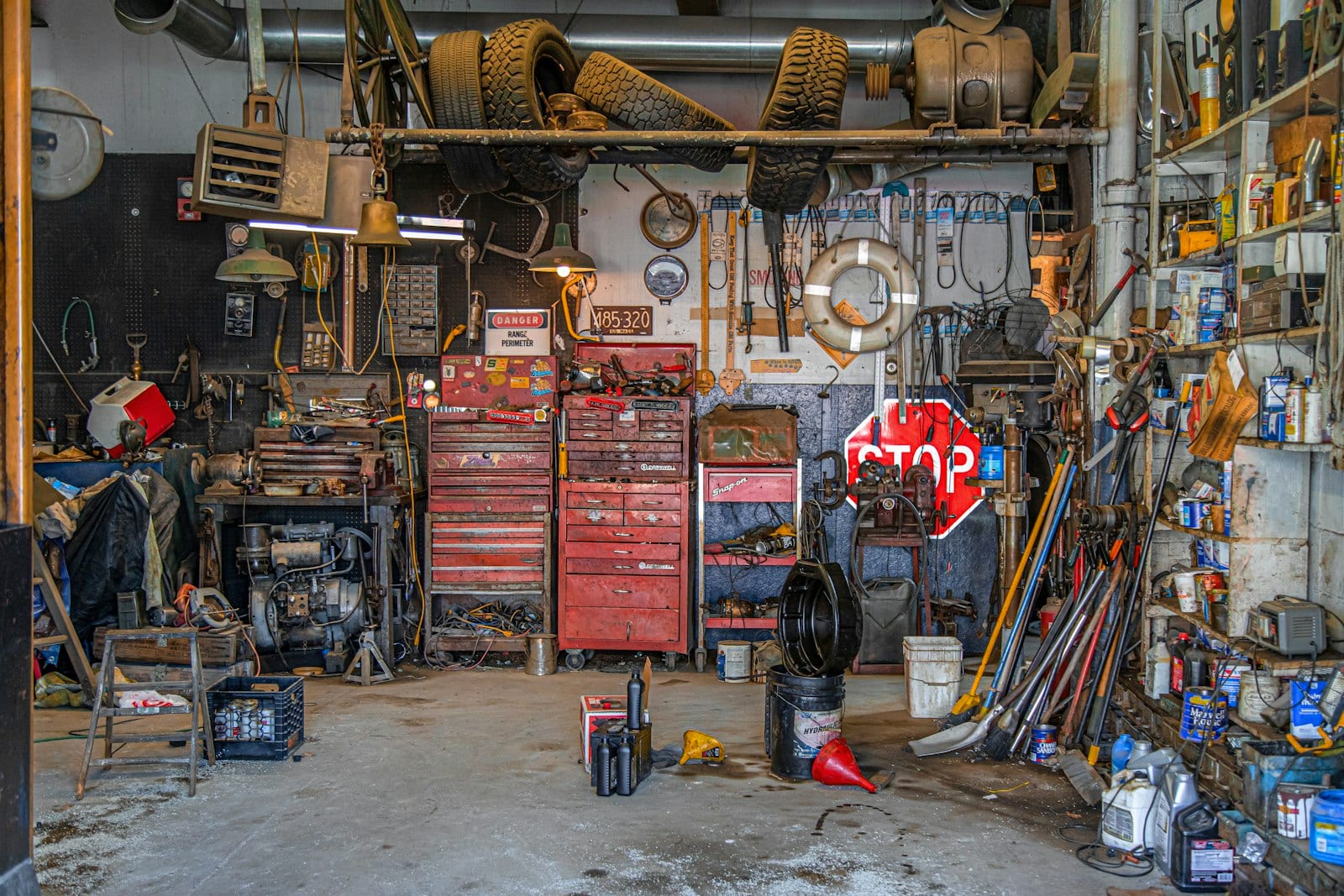 Hand tools organized on a workshop wall